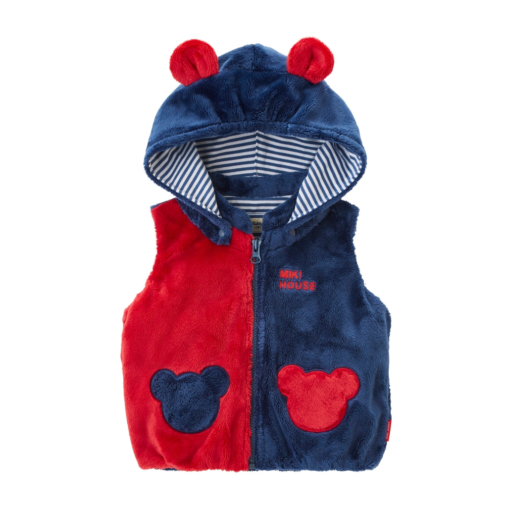 VESTE EN COTON ROUGE ET BLEU SANS MANCHE AVEC CAPUCHE FORME OURSON MIKI HOUSE