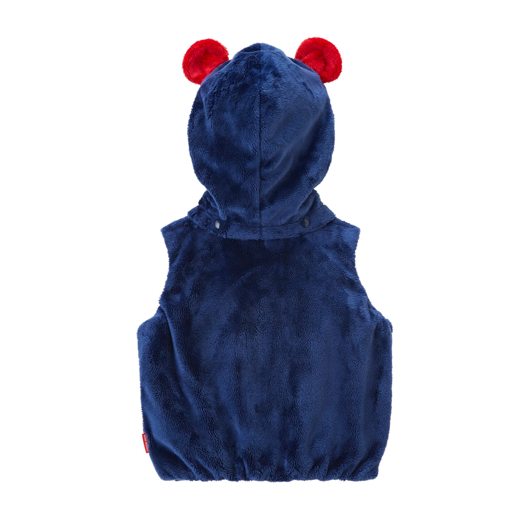 VESTE EN COTON ROUGE ET BLEU SANS MANCHE AVEC CAPUCHE FORME OURSON MIKI HOUSE