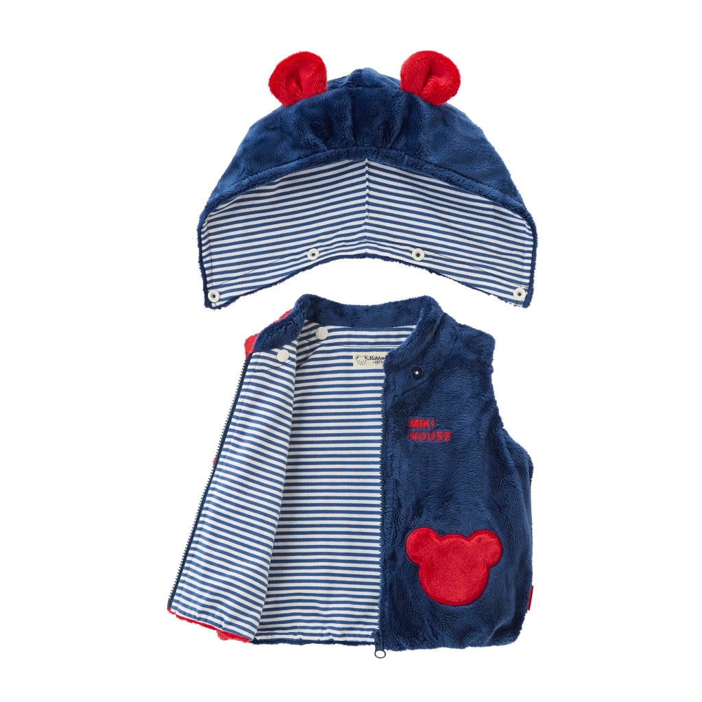 VESTE EN COTON ROUGE ET BLEU SANS MANCHE AVEC CAPUCHE FORME OURSON MIKI HOUSE