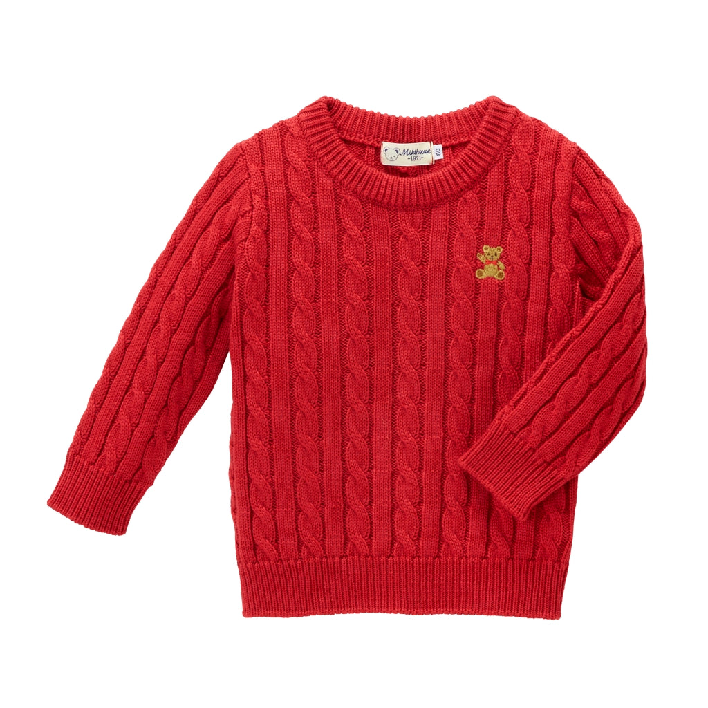 MIKI HOUSE EMBROIDERED BEAR RED WOOL SWEATER