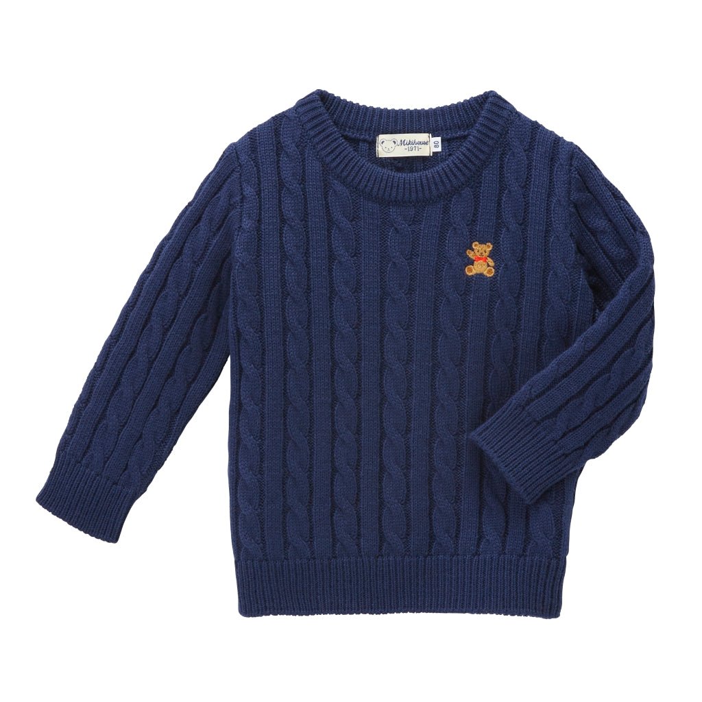 MIKI HOUSE EMBROIDERED BEAR BLUE WOOL SWEATER