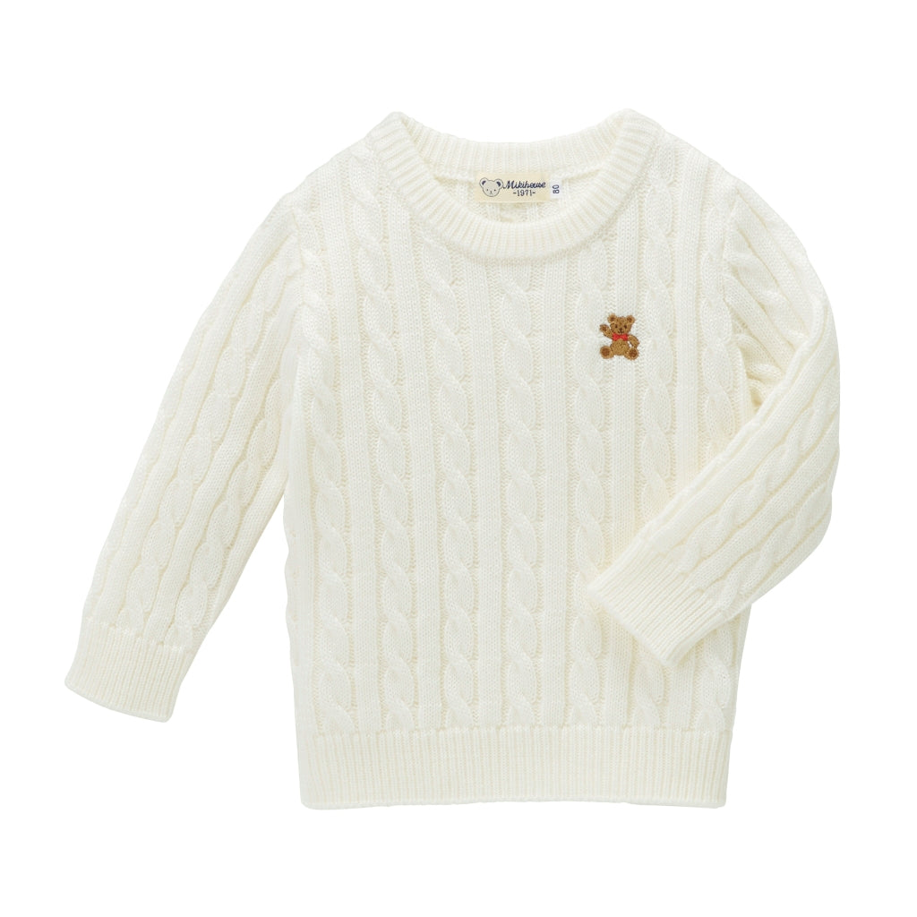 MIKI HOUSE EMBROIDERED BEAR IVORY WHITE WOOL SWEATER