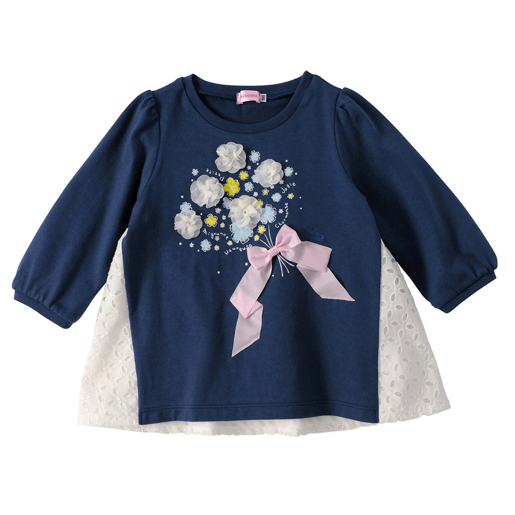 NAVY BLUE LONG-SLEEVED T-SHIRT WITH WHITE RUFFLE