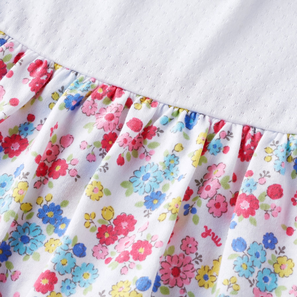 WHITE DRESS WITH FLORAL RUFFLES