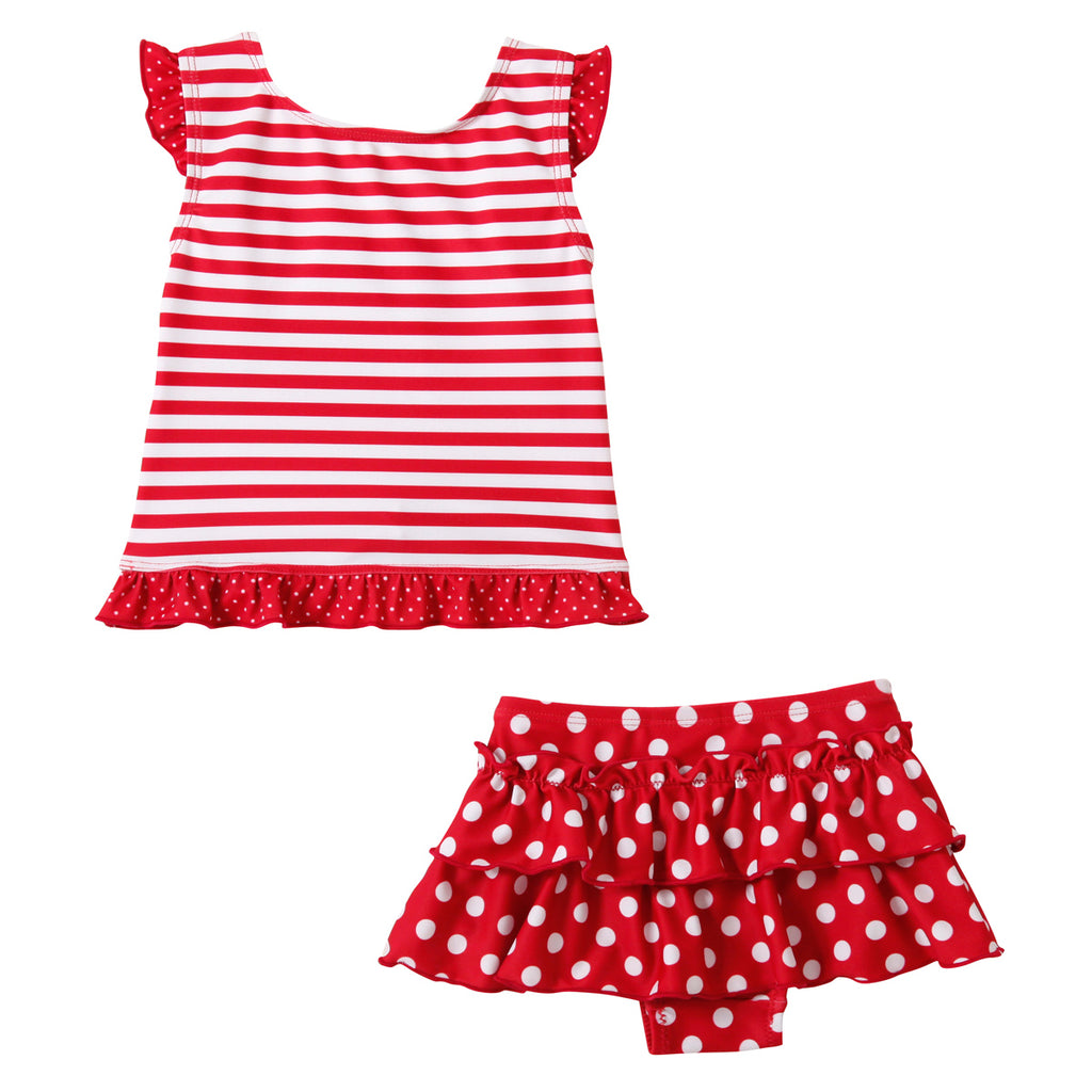 TWO-PIECE SWIMSUIT WITH POLKA DOTS AND RED STRIPES