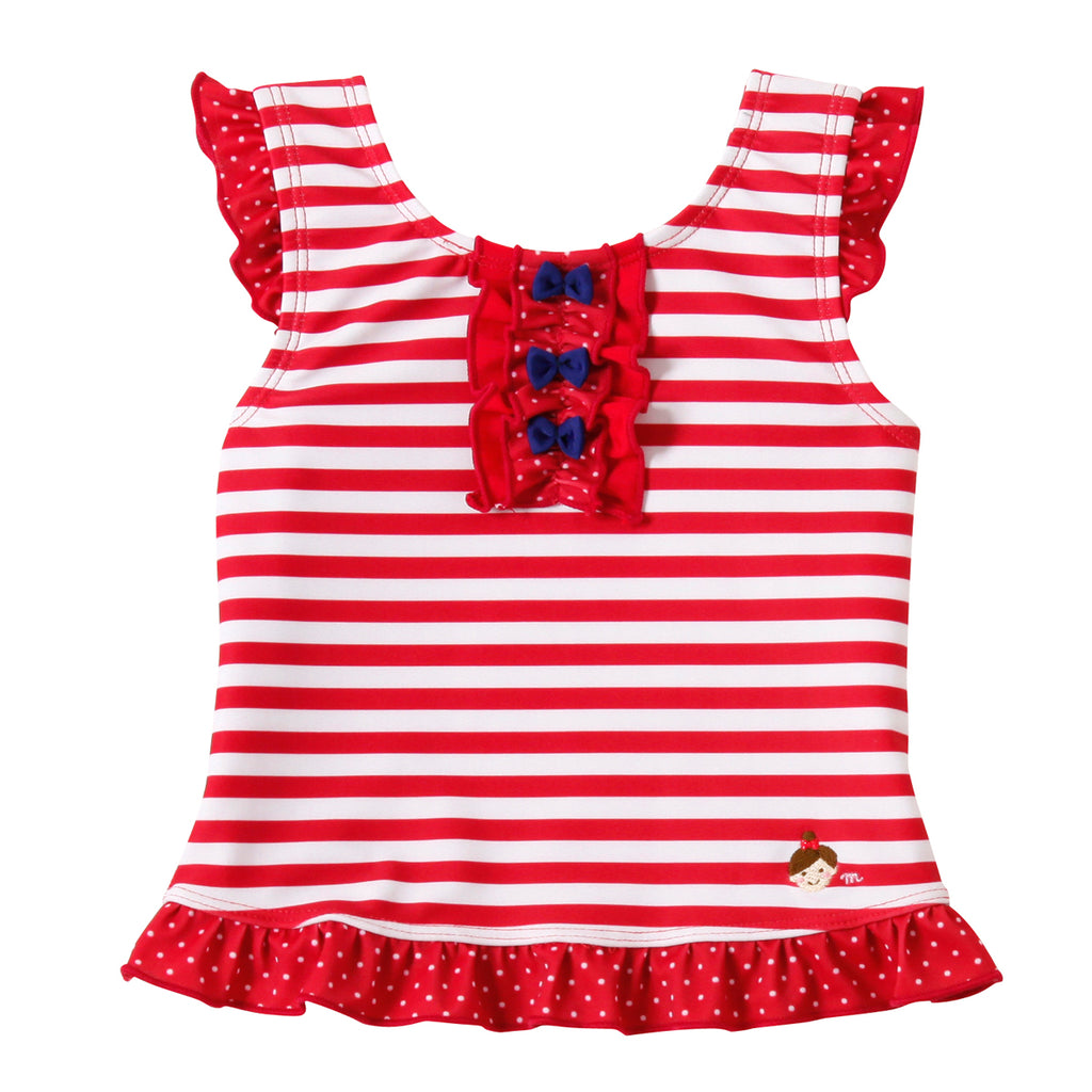 TWO-PIECE SWIMSUIT WITH POLKA DOTS AND RED STRIPES