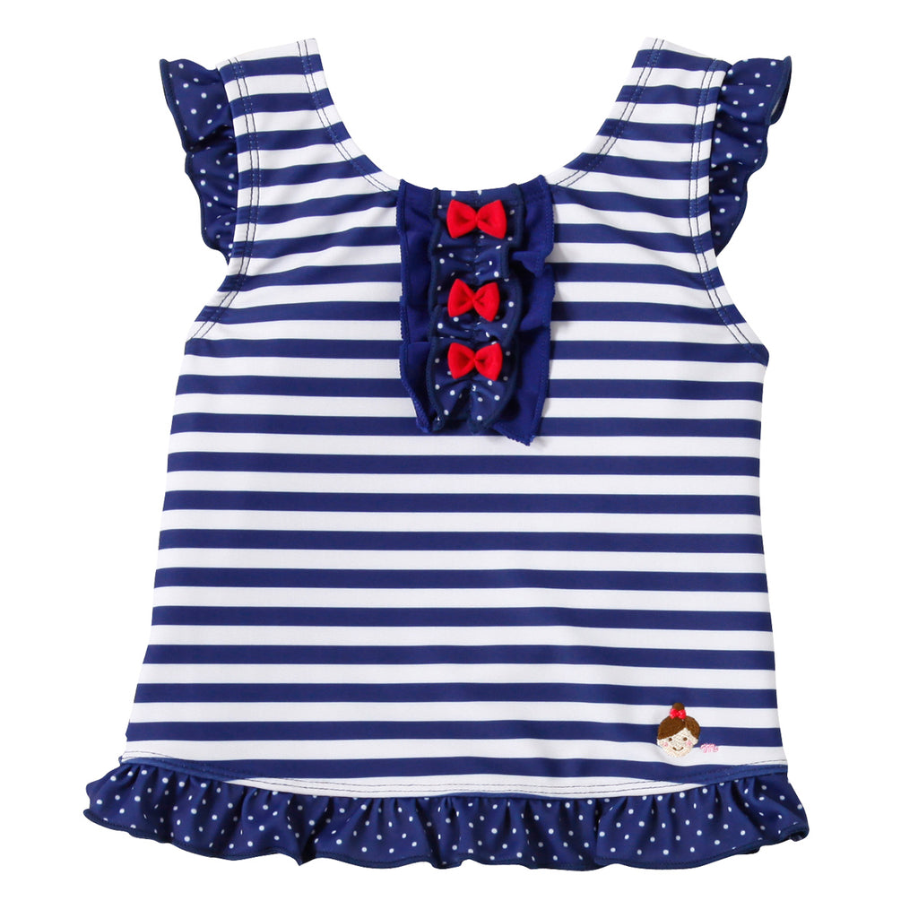 TWO-PIECE SWIMSUIT WITH POLKA DOTS AND BLUE STRIPES