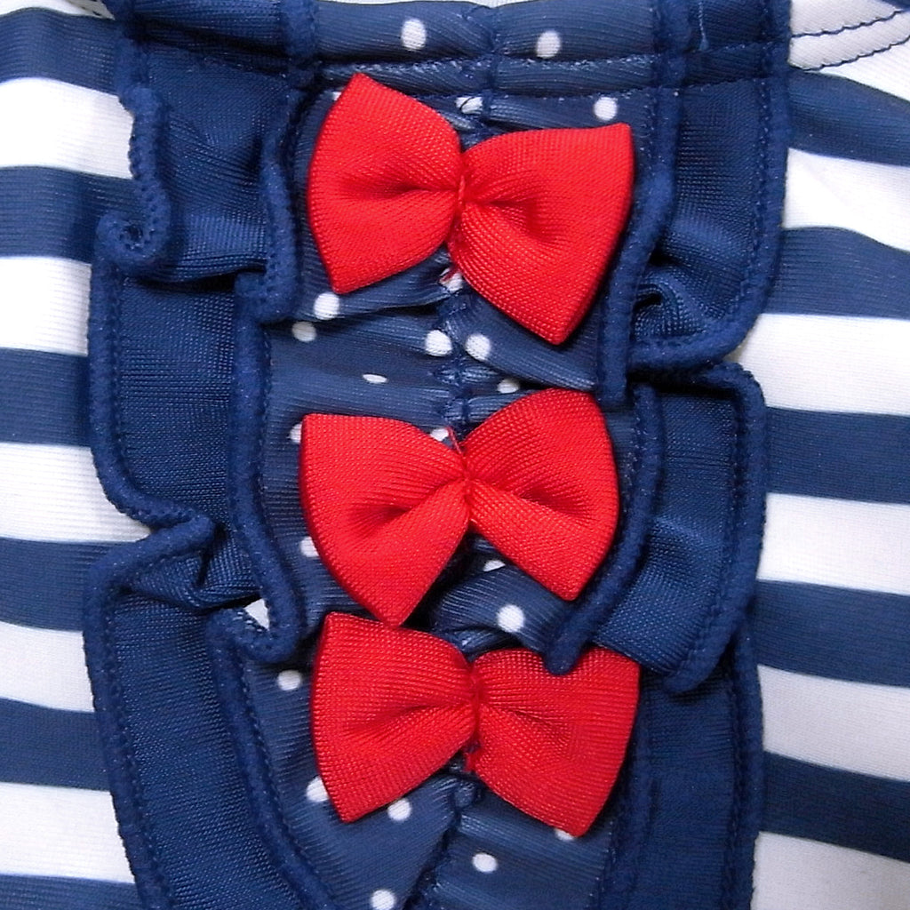 TWO-PIECE SWIMSUIT WITH POLKA DOTS AND BLUE STRIPES