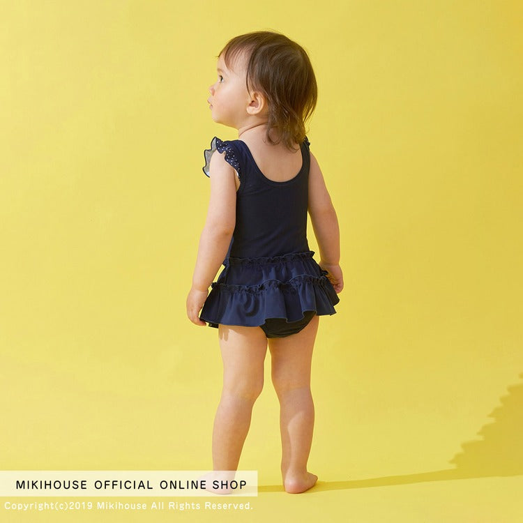 SWIMSUIT DRESS WITH POLKA DOTS AND RUFFLES NAVY BLUE