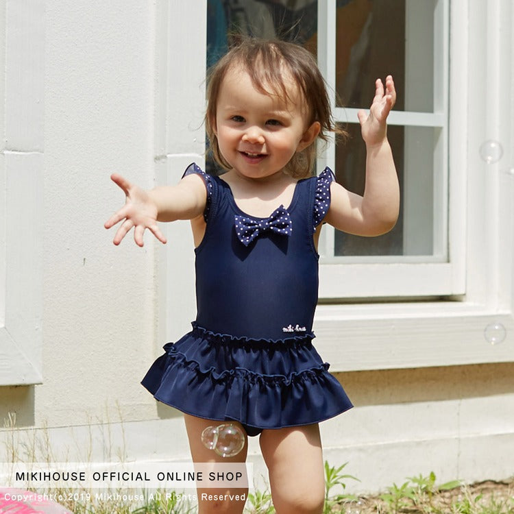 SWIMSUIT DRESS WITH POLKA DOTS AND RUFFLES NAVY BLUE