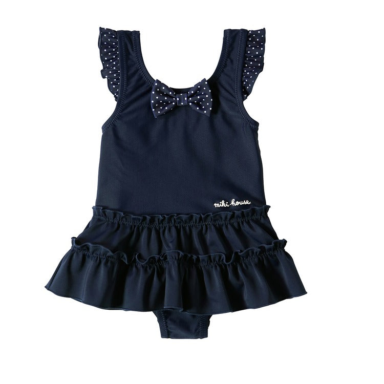 MAILLOT DE BAIN ROBE À POIS ET VOLANTS BLEU MARINE