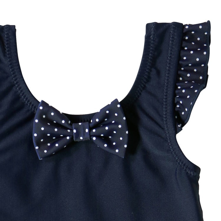 SWIMSUIT DRESS WITH POLKA DOTS AND RUFFLES NAVY BLUE